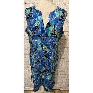 Lands' End Shift Dress Tropical Floral Pockets V Neck Cotton Medium